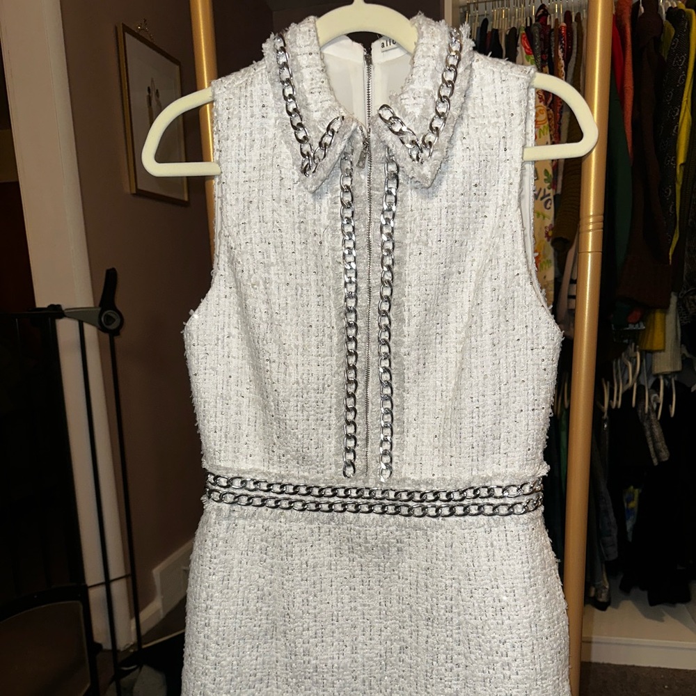 Alice + Olivia White Tweed Mini Dress with Silver Chain Trim - Picture 2 of 6